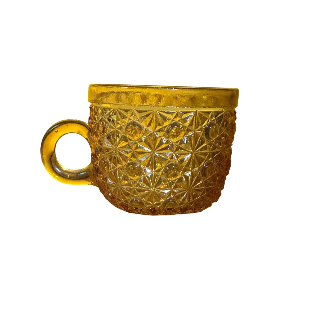 Vintage Amber Glass Tea Cup Daisy and Button Pattern Pressed Glass Mug Yellow